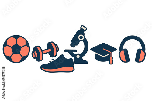 Collection of lifestyle icons representing sports, science, education, and fitness