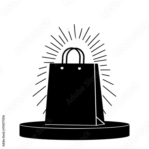 Under the spotlight, a pedestal supports a glowing shopping bag, depicted in a flat modern style of illustration
