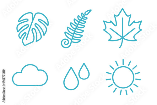 Minimalist outline icons set of natural elements including leaves, weather symbols, and water drops