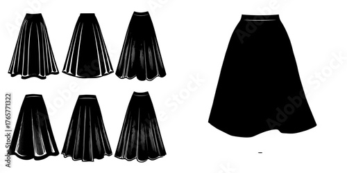 A set of long skirts for women is presented in a modern technical drawing, showcasing flat sketches of full-length designs for casual fashion