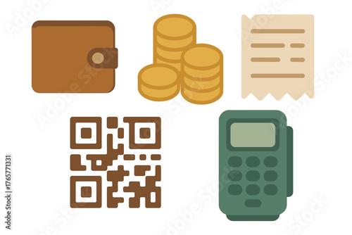 Financial transaction symbols featuring wallet, stacked coins, payment terminal, receipt, and QR code