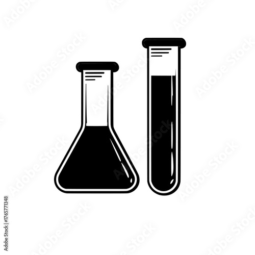 The modern set of chemical glassware includes a 3D representation of a chemistry laboratory glass science test flask, realistic lab beaker equipment, an isolated tube, and an empty cylinder, which