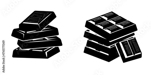 Isolated on a white background is a modern flat illustration featuring a stack of chocolate bars and one chocolate piece