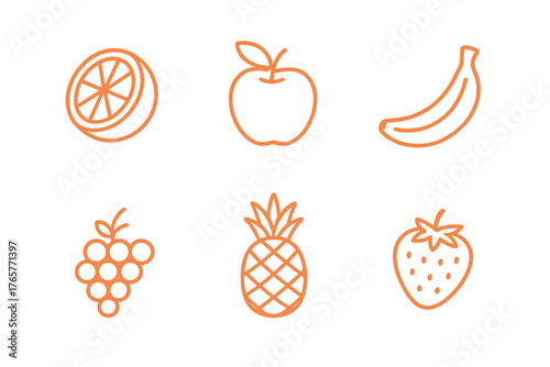 Minimalist set of orange line icons depicting various healthy fresh fruits and berries