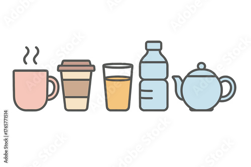 Collection of various hot and cold beverage containers including coffee mug, water bottle, and teapot