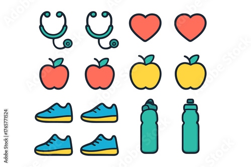 Colorful health and fitness symbols set including medical, nutrition, and sport elements