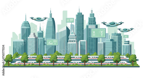 Futuristic city skyline with drone transport, high-speed trains, and modern technology, ideal for innovation concepts