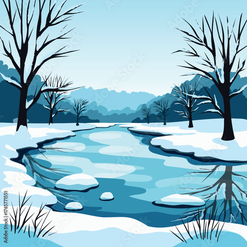 Vector illustration of a winter landscape with a frozen river, snow-covered banks, bare trees, and foggy hills under a blue sky. Suitable for calendars, posters, and branding. High quality, scalable