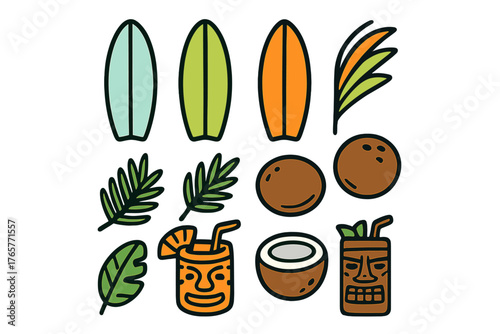 Tropical summer vacation elements set including surfboards, coconuts, and exotic drinks