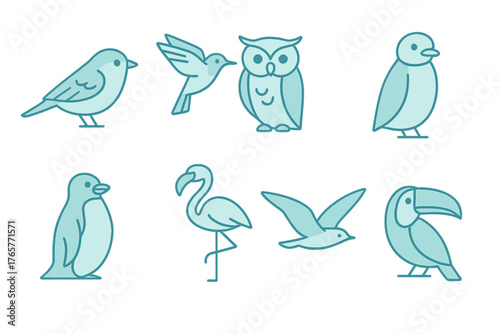 Minimalist collection of eight different bird species symbols including tropical and common wildlife