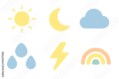 Minimalist pastel weather and celestial icons set including sun moon cloud rain lightning and rainbow symbols