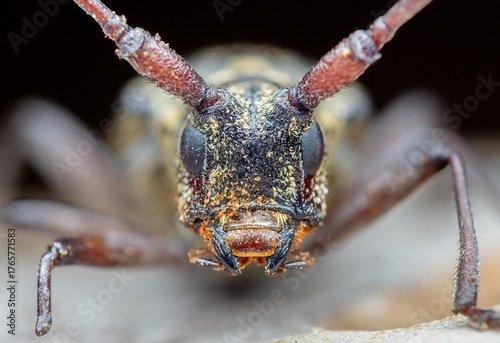 Morimus asper on wood. Sharp macro showing cerambycid camouflage, rough body texture, and long antennae in forest habitat with soft background and natural textures.