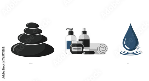 Relaxing spa day essentials with stacked stones, aromatherapy products, and water drop symbol for wellness and serenity