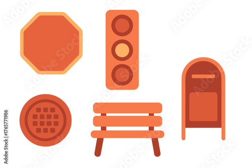 Urban street elements including traffic light, stop sign, park bench, manhole cover, and post box
