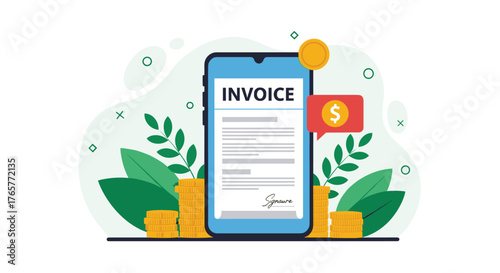 Modern mobile invoicing illustration with payment confirmation and financial gains, perfect for business and finance concepts