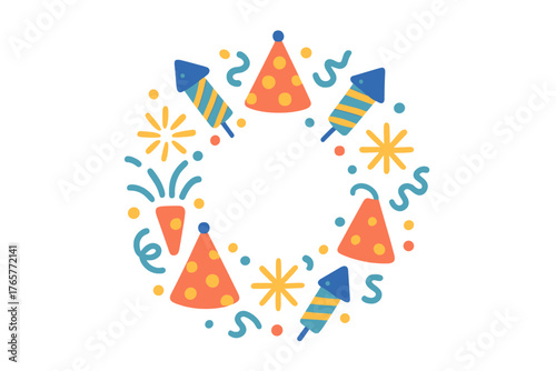 Colorful festive party elements arranged in a circular frame with central copy space