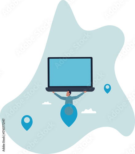 Remote job or distance work, virtual office or working anywhere, freelancer or online office,about a man and his life.