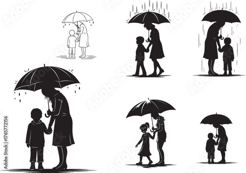 Parent and child sharing umbrella in rain, caring silhouette moments, emotional bond, protection, black and white vector, nurturing scene, rainy day illustration