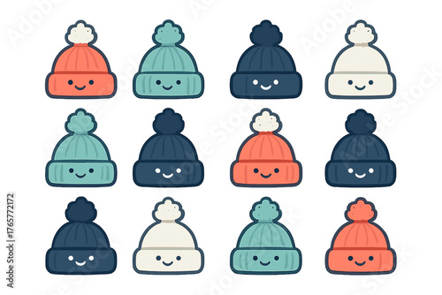 Twelve cute smiling winter knit hats with pom poms in various colors