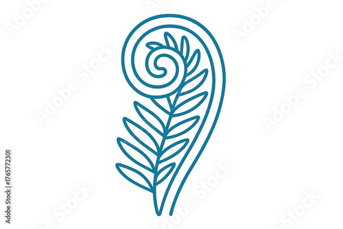 Stylized Koru unfurling fern frond symbol in blue line art on white
