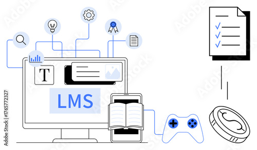 Computer, book, tablet, game controller, and digital icons connected to LMS interface. Ideal for education, training, e-learning gamification technology knowledge-sharing and digital content. A