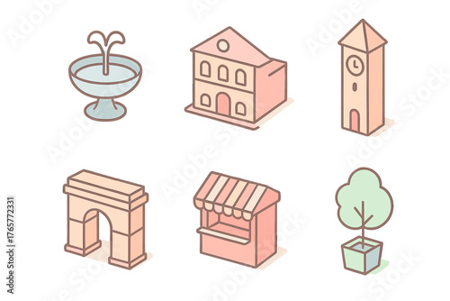 Isometric town and city elements including fountain, building, clock tower, arch, and market stall