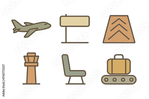 Essential symbols for airport operations and air travel including aircraft, control tower, luggage, and passenger seating