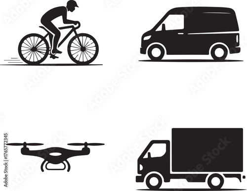 Four black minimalist icons cyclist van drone and truck on white bicycle delivery truck