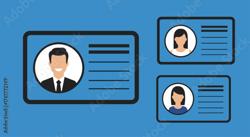 Professional staff ID badges for employees in a corporate setting, showing diverse team member profiles and contact details