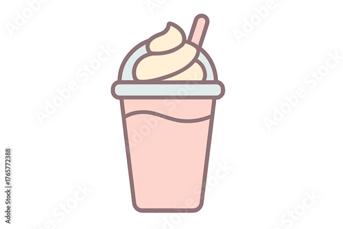 Refreshing pink milkshake or smoothie in a disposable cup with whipped topping
