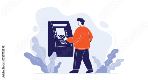 Man using ATM card for financial transactions, modern illustration, perfect for banking, finance, and money management concepts