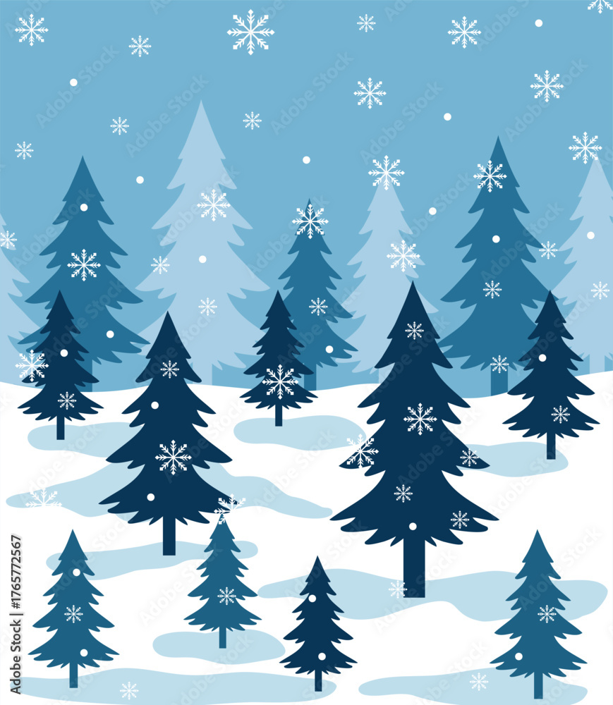 Obraz premium Vector illustration of snow-covered pine trees in blue tones with falling snowflakes. Symbolizes holiday magic and serenity. Suitable for Christmas cards, posters, and branding. High quality, scalable