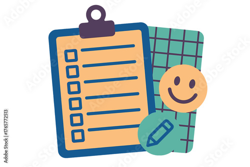 Clipboard checklist with smiling face icon and pencil symbol for successful task management