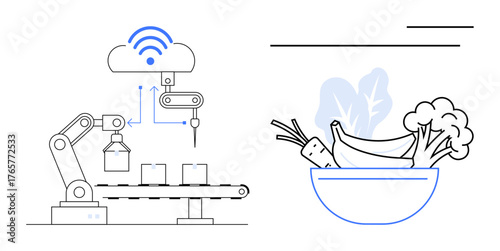 Industrial robot arm connected to cloud system handling boxes on conveyor belt, fresh produce in bowl symbolizing smart agriculture. Ideal for automation, IoT, sustainability, agriculture, food