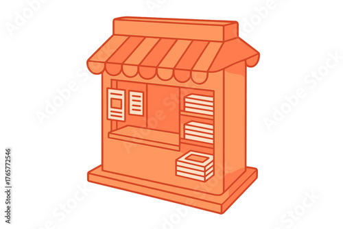 Small orange market stall kiosk with striped awning and shelves for selling goods