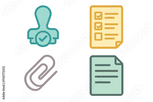 Collection of four essential business symbols: verified user, checklist, document, and paperclip
