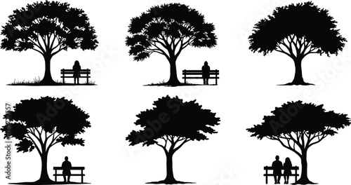 Tree silhouette with bench, emotional park scene, people sitting together or alone, peaceful nature moment, outdoor relaxation, quiet landscape illustration