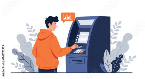 Young man using ATM with financial growth chart, illustrating banking, finance, and investment in modern design