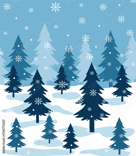 Vector illustration of snow-covered pine trees in blue tones with falling snowflakes. Symbolizes holiday magic and serenity. Suitable for Christmas cards, posters, and branding. High quality, scalable