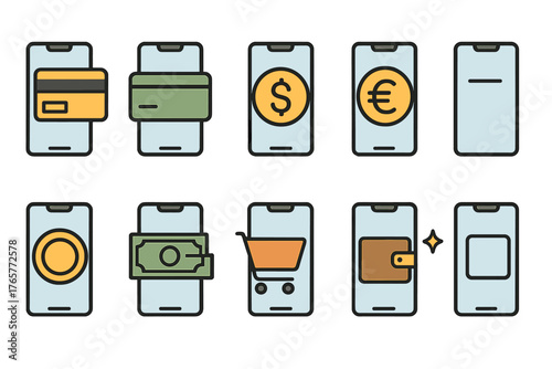 Set of Financial and Shopping Icons on Smartphone Screens