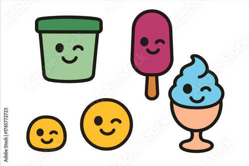 Collection of cute cartoon ice cream treats and winking emoji faces isolated on a clean white background
