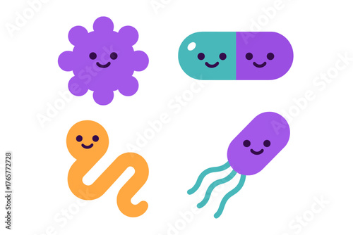Adorable cartoon microbes and bacteria characters with smiling faces for health and science