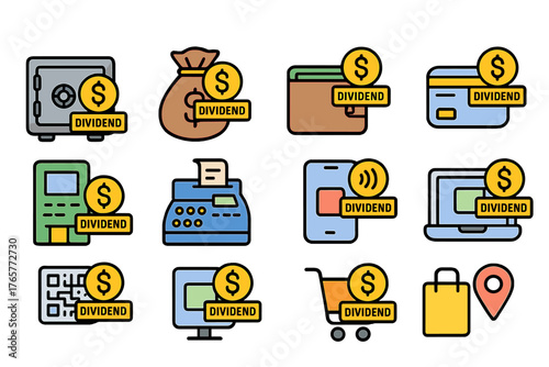 Collection of Colorful Finance and Shopping Icons with DIVIDEND Label