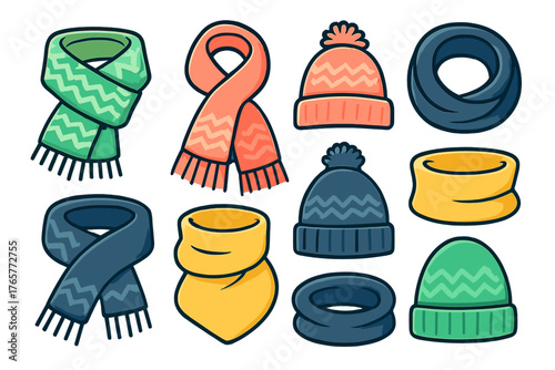 Colorful knitted winter hats and scarves collection for cold weather apparel
