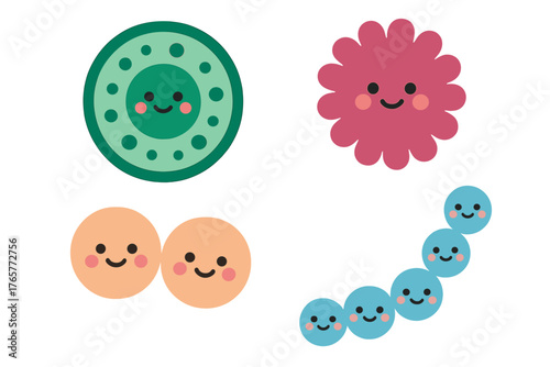 Cute smiling microscopic organisms set for biology and health concepts
