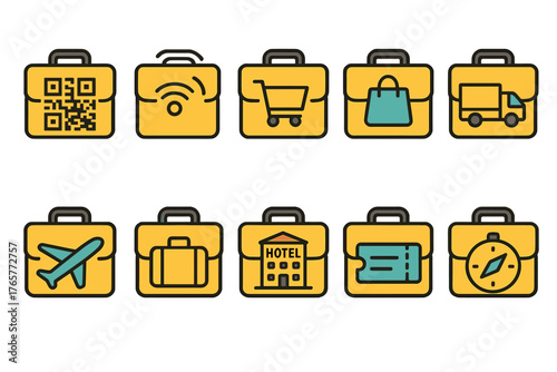 Set of Ten Suitcase Icons with Various Symbols