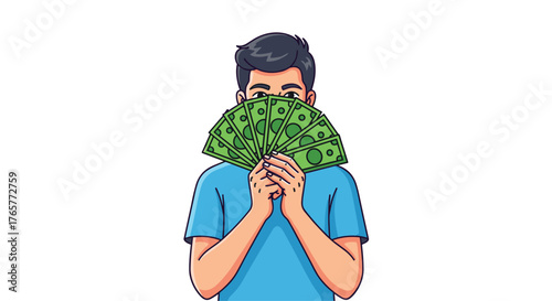 Excited man holding large wad of cash, representing financial success, wealth, and prosperity, perfect for business and finance concepts