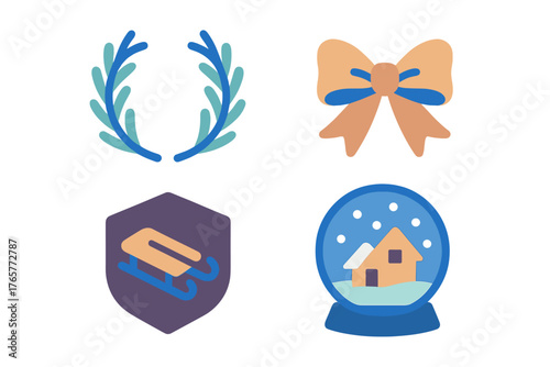 Winter holiday symbols collection featuring a decorative bow, laurel wreath, sled, and snow globe