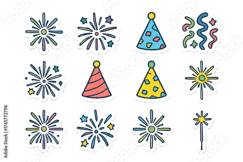 Colorful festive celebration elements including fireworks, party hats, streamers, and sparklers