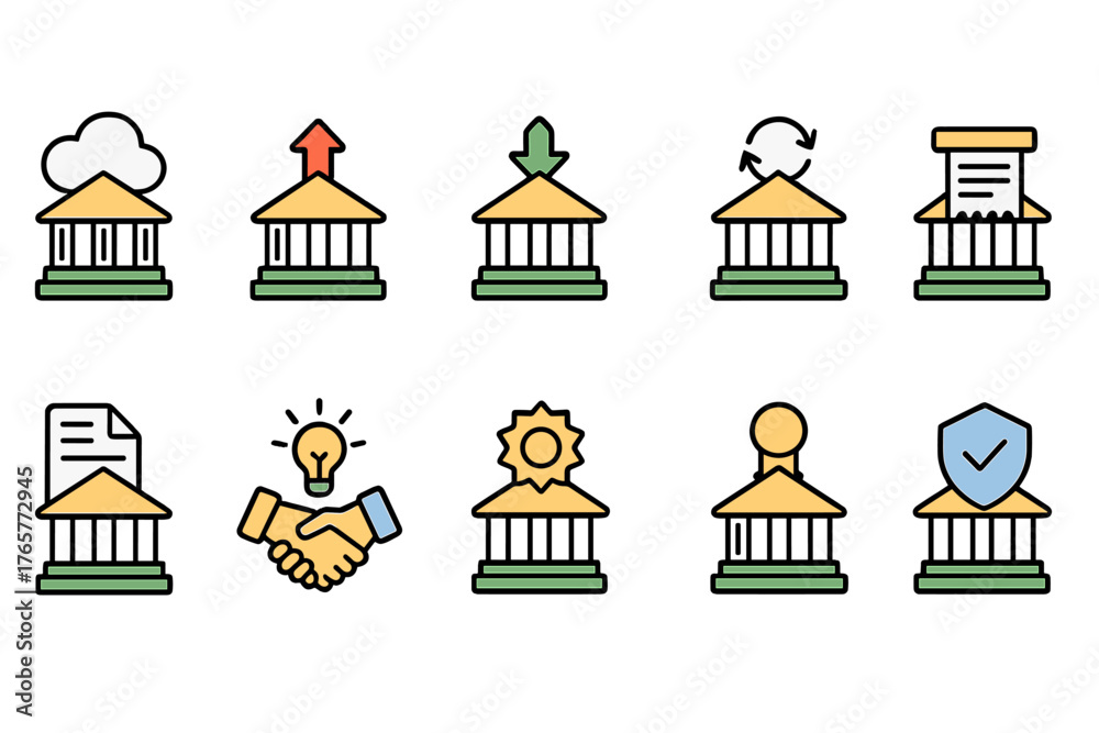 Fototapeta premium Set of Colorful Outlined Building Icons for Institutions and Organizations